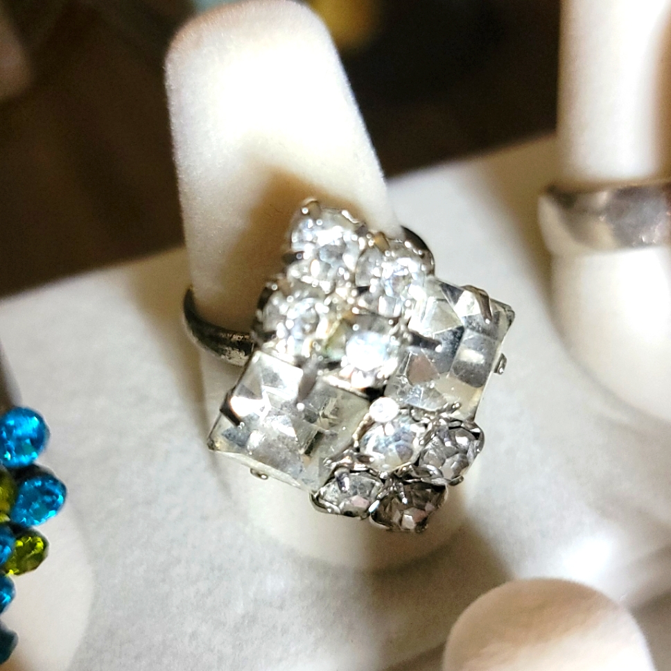 Crystal Statement Ring, Silvertone, Adjustable